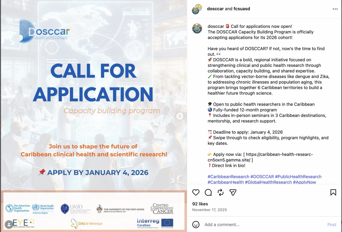 Publication Instagram « Call for application » DOSCCAR, co-signée avec l’UASD